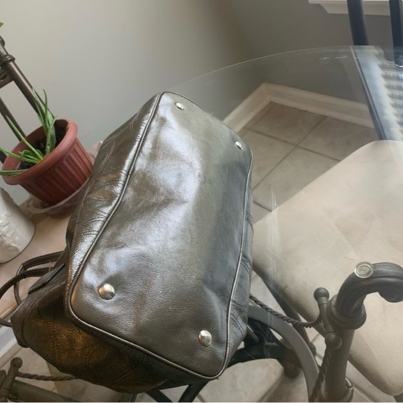 Coach Green Metallic Leather Signature Stitched Satchel Shoulder Bag Purse - Picture 7 of 7